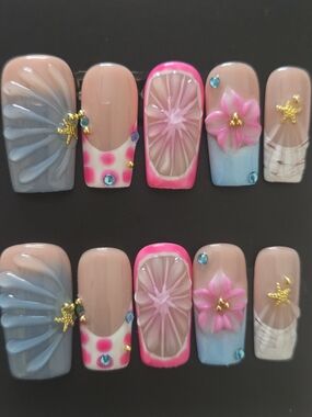 Hand Crafted Pink & Blue 3D Floral Rhinestone Press-On Nails